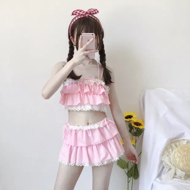 Bikini Sets Women Swimsuit Kawaii Japanese Style Girls Sweet Sexy Swimwear Chic Popular High Waist Summer Beach Slim Female Lady