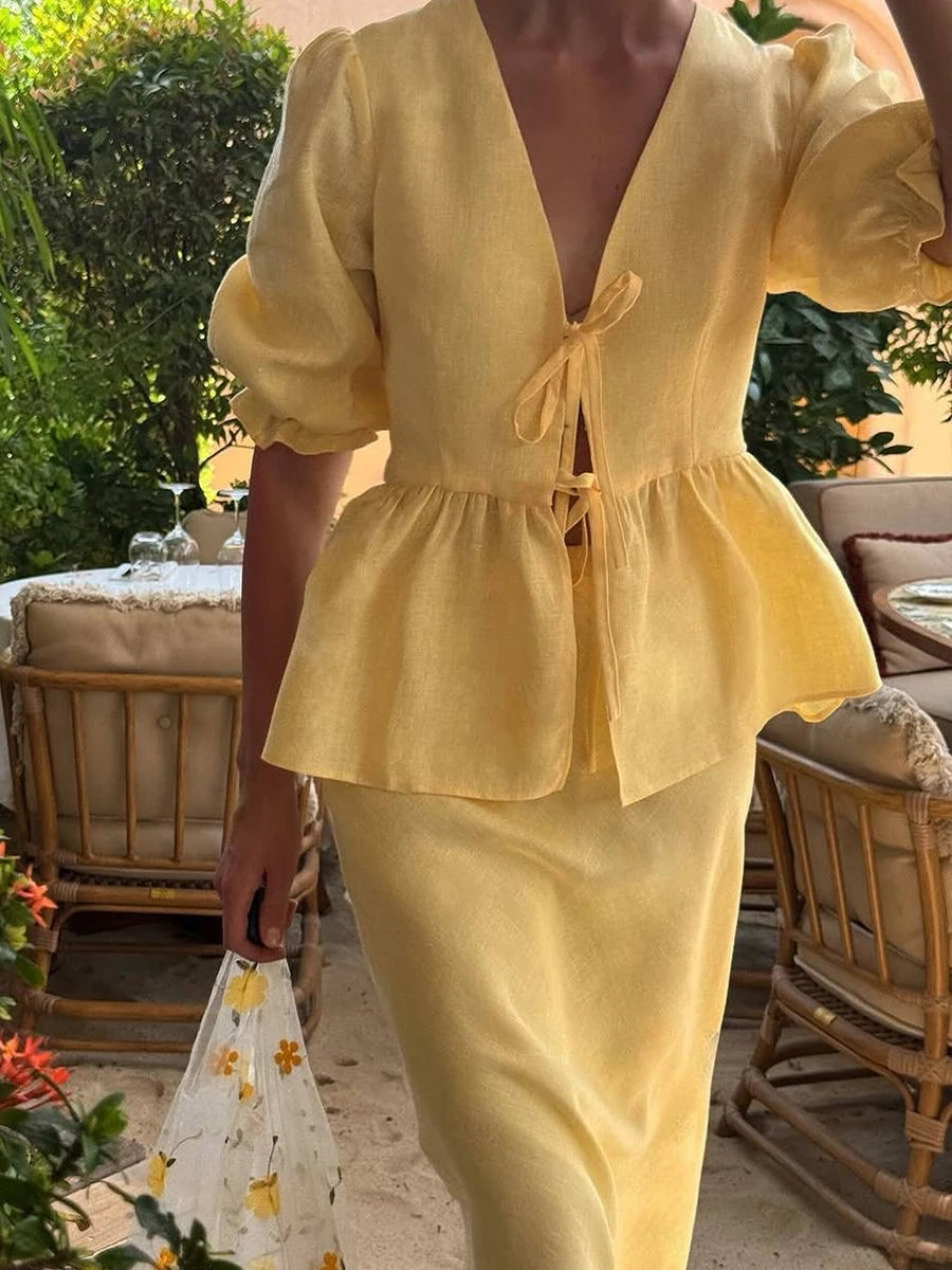 Bornladies V-Neck Lace-Up long skirt