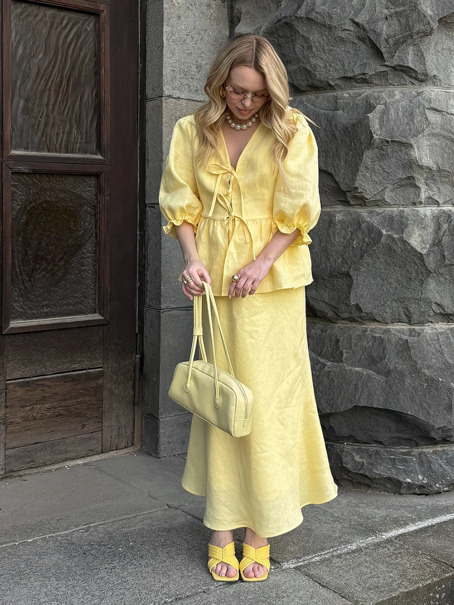 Bornladies V-Neck Lace-Up long skirt