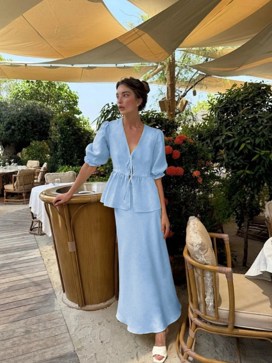 Bornladies V-Neck Lace-Up long skirt