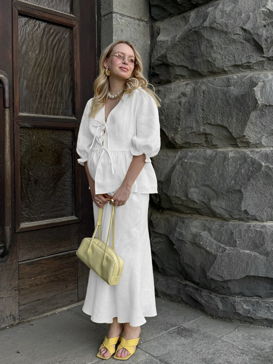 Bornladies V-Neck Lace-Up long skirt