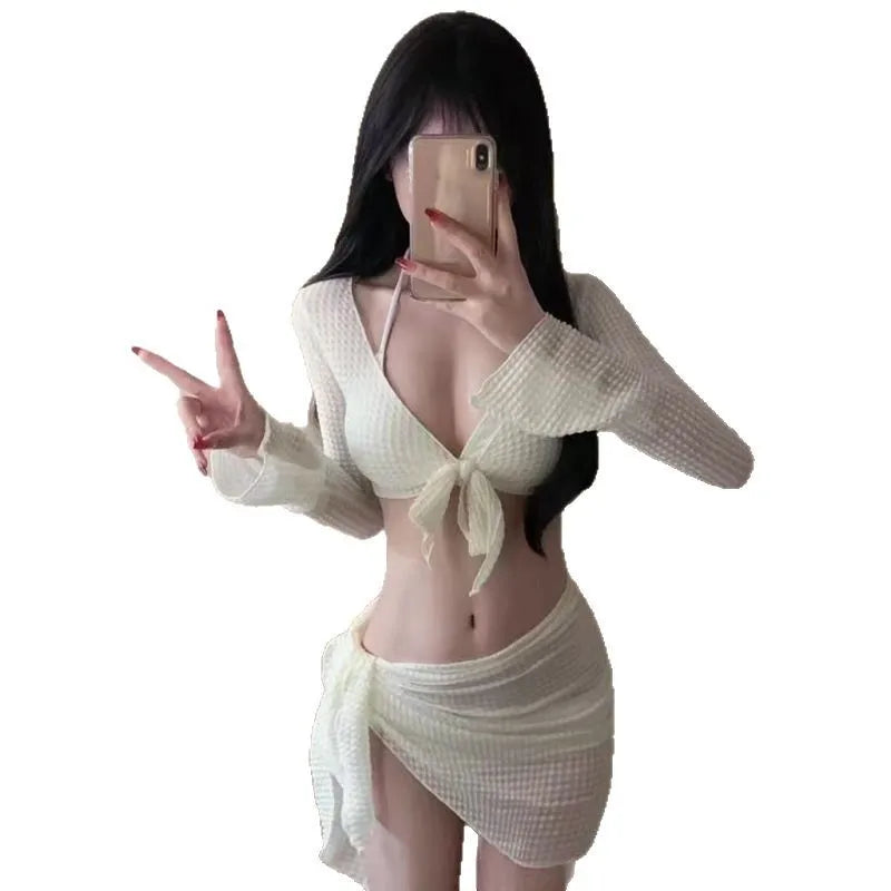 Bikini Swimsuit Women's 2025 New Four-piece Set White Sexy Slim and Split Vacation Hot Springs Europe and America