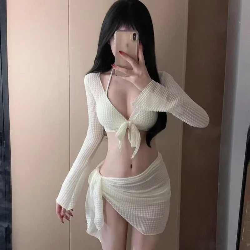 Bikini Swimsuit Women's 2025 New Four-piece Set White Sexy Slim and Split Vacation Hot Springs Europe and America