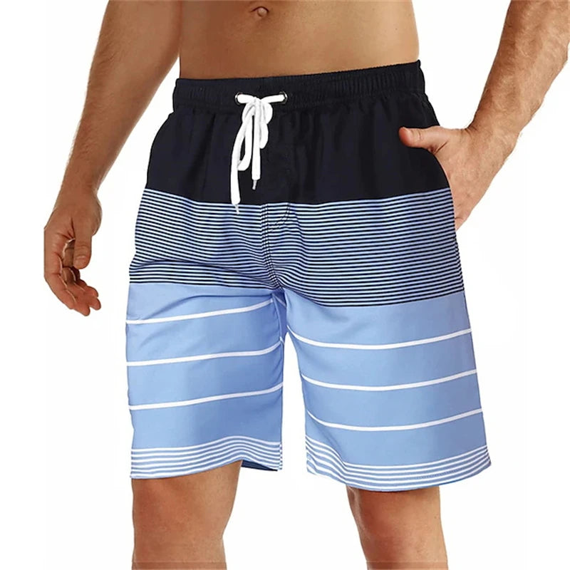 Summer Mens Swim Shorts Men 3D Print Colorful Stripe Graphic Quick Dry Swim Trunks Casual Hawaiian Shorts Daily Sport Short Pant