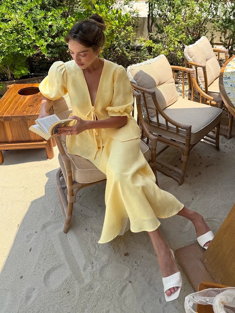 Bornladies V-Neck Lace-Up long skirt