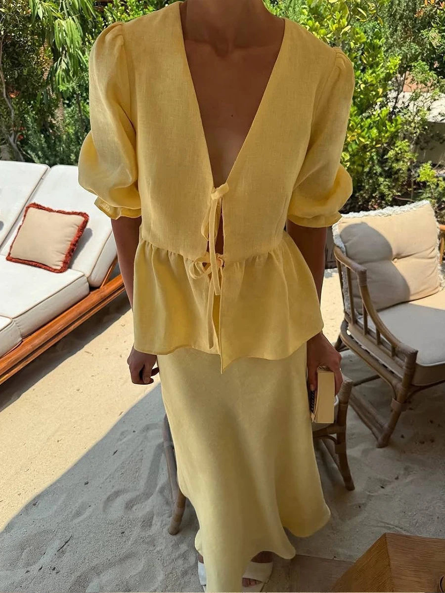 Bornladies V-Neck Lace-Up long skirt