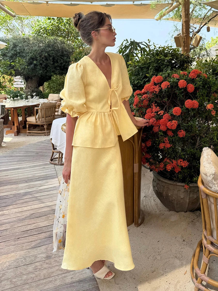 Bornladies V-Neck Lace-Up long skirt