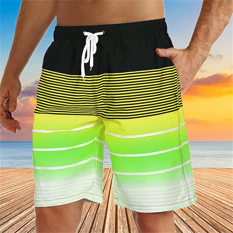 Summer Mens Swim Shorts Men 3D Print Colorful Stripe Graphic Quick Dry Swim Trunks Casual Hawaiian Shorts Daily Sport Short Pant