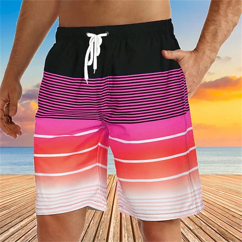 Summer Mens Swim Shorts Men 3D Print Colorful Stripe Graphic Quick Dry Swim Trunks Casual Hawaiian Shorts Daily Sport Short Pant
