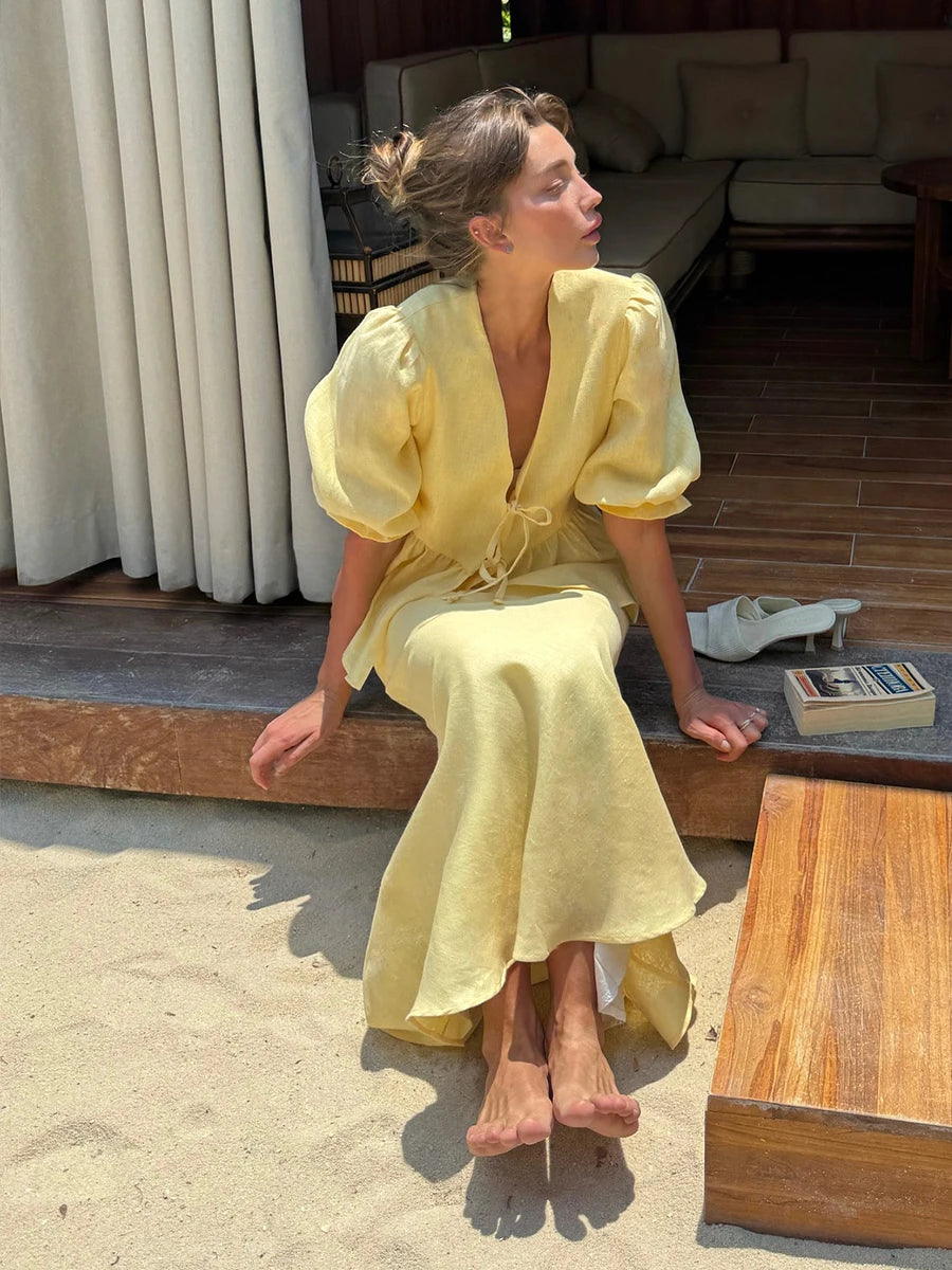 Bornladies V-Neck Lace-Up long skirt