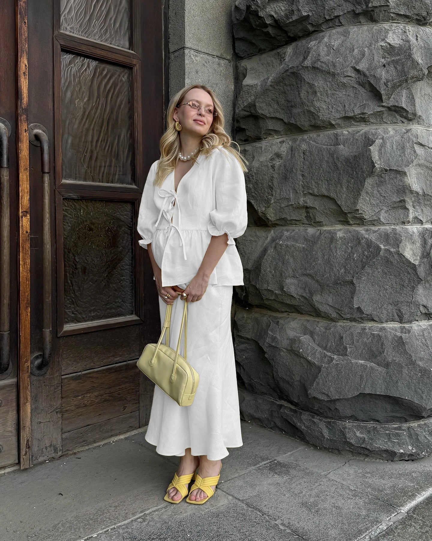 Bornladies V-Neck Lace-Up long skirt