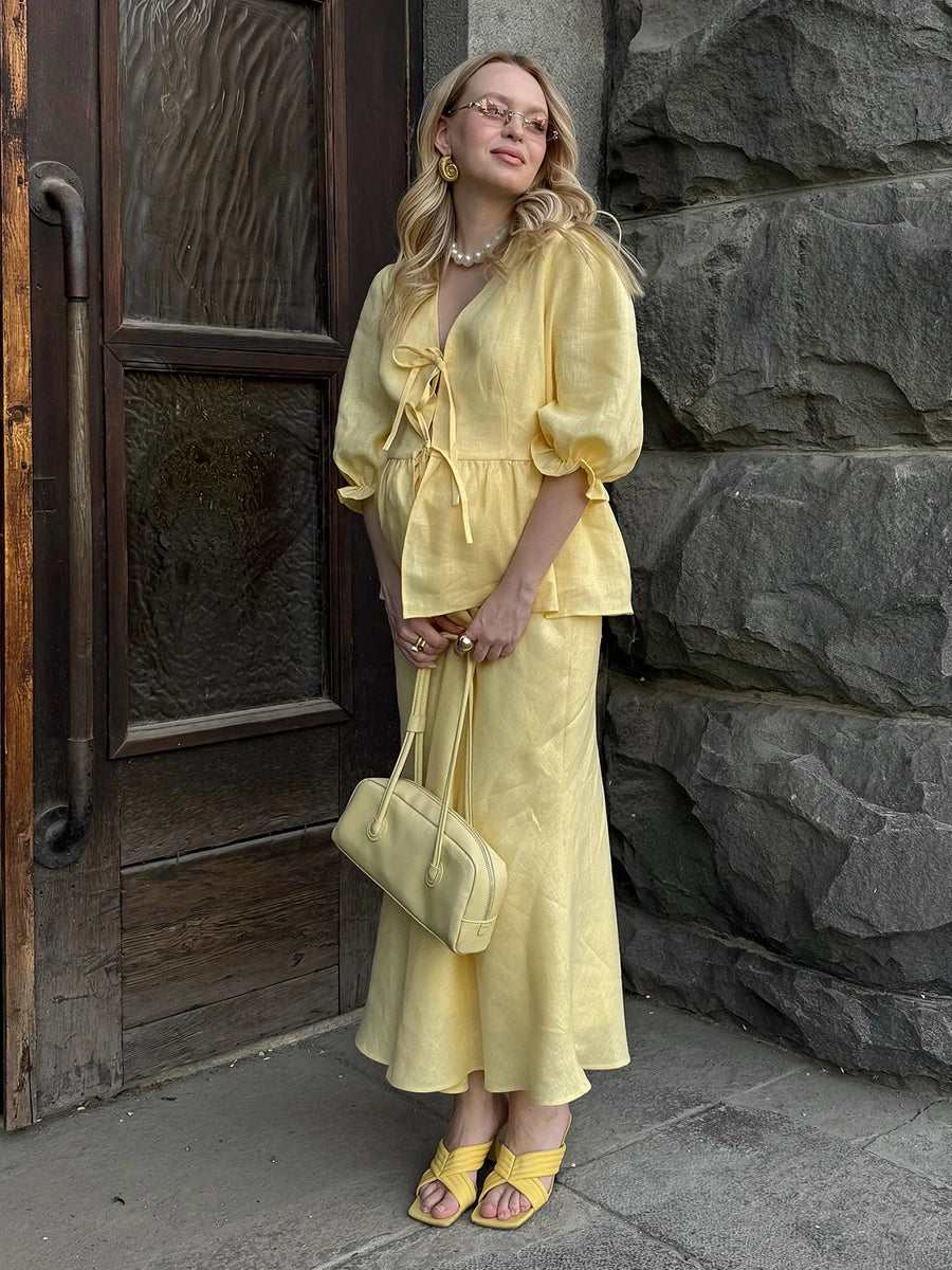 Bornladies V-Neck Lace-Up long skirt