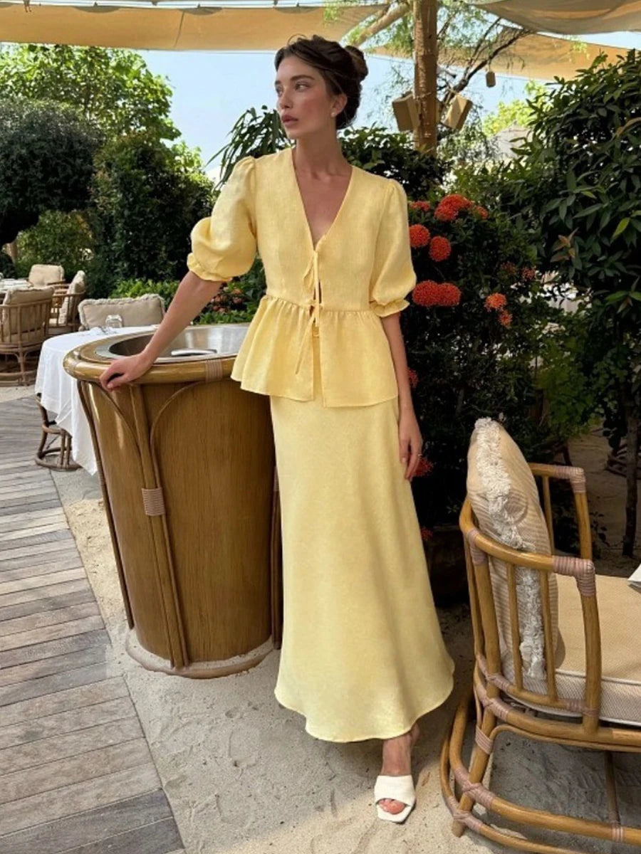 Bornladies V-Neck Lace-Up long skirt