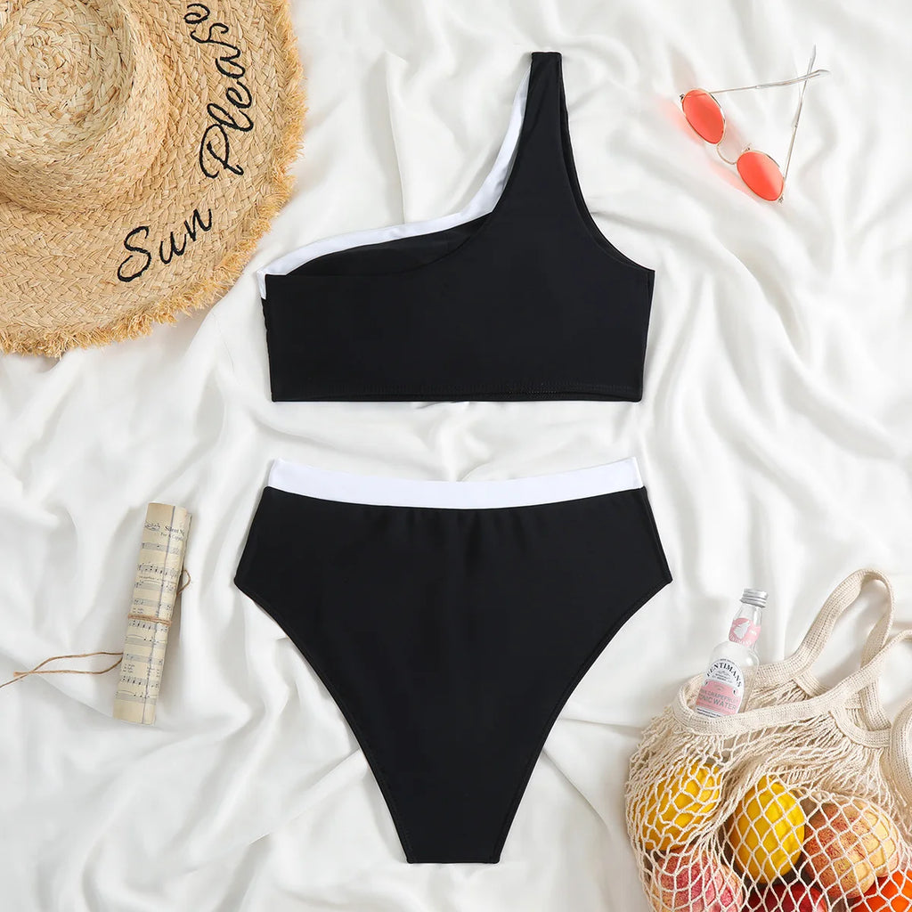 Bikini 2023 Women High Waist Swimsuit Sexy One Shoulder Beachwear Push Up Bathing Suit Cutout Swimwear Two Piece Swimsuit Women