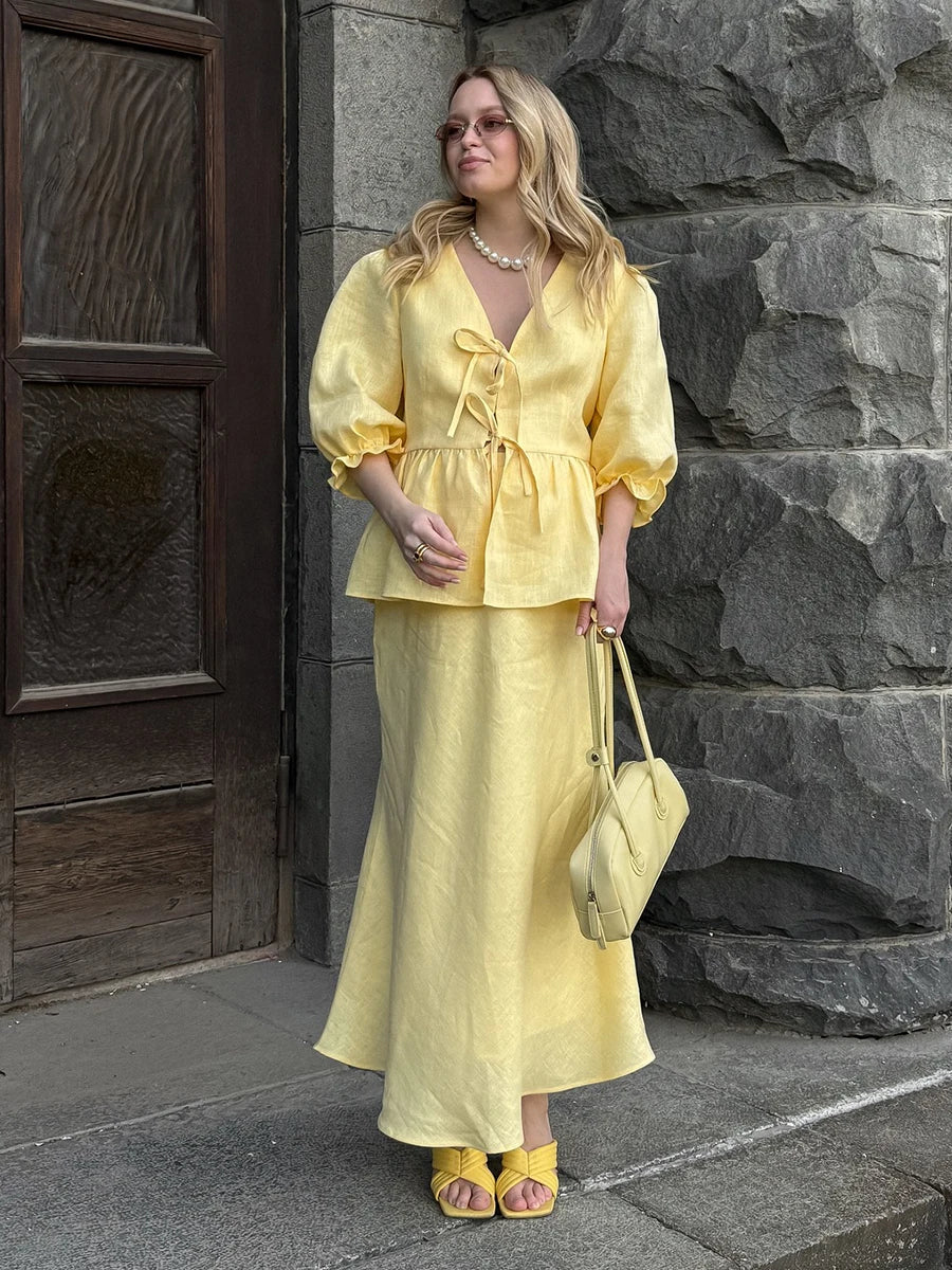 Bornladies V-Neck Lace-Up long skirt