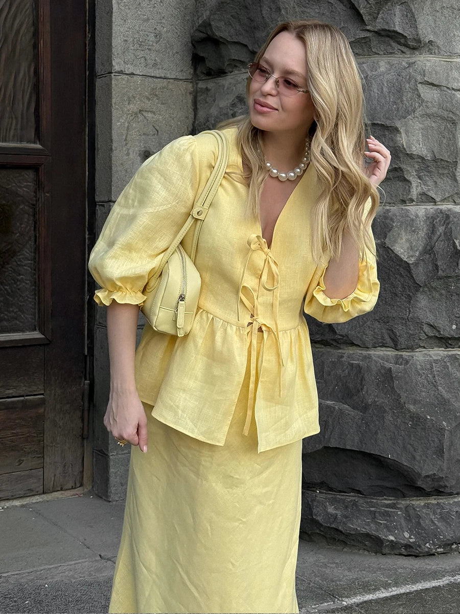 Bornladies V-Neck Lace-Up long skirt