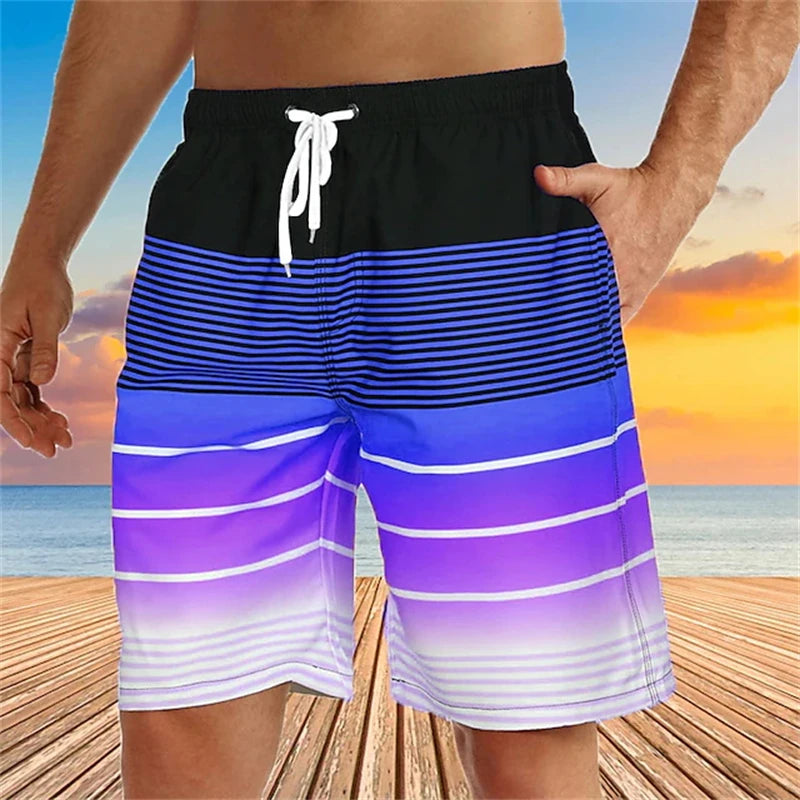 Summer Mens Swim Shorts Men 3D Print Colorful Stripe Graphic Quick Dry Swim Trunks Casual Hawaiian Shorts Daily Sport Short Pant