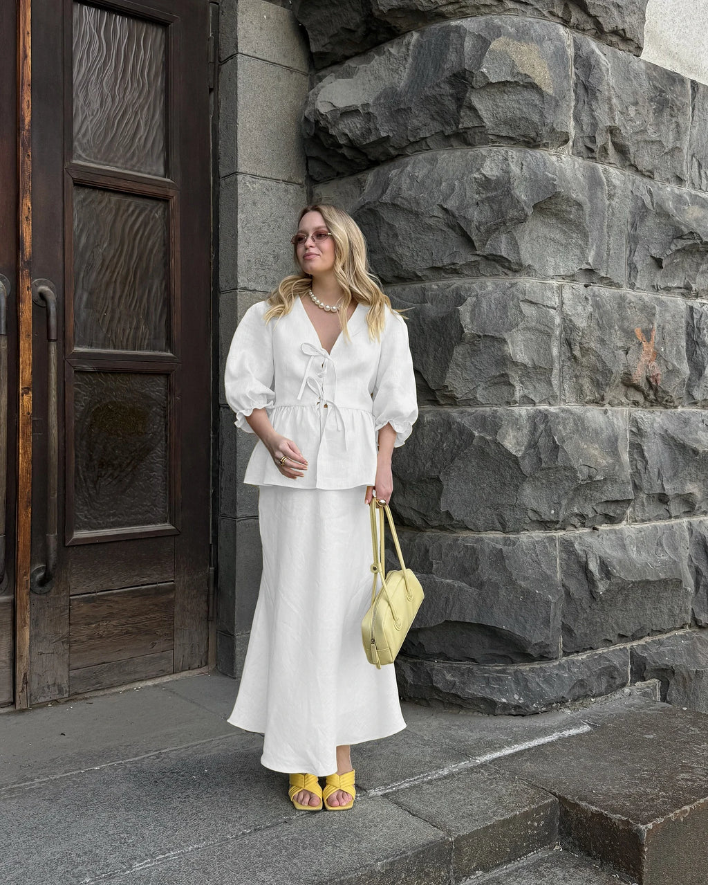 Bornladies V-Neck Lace-Up long skirt