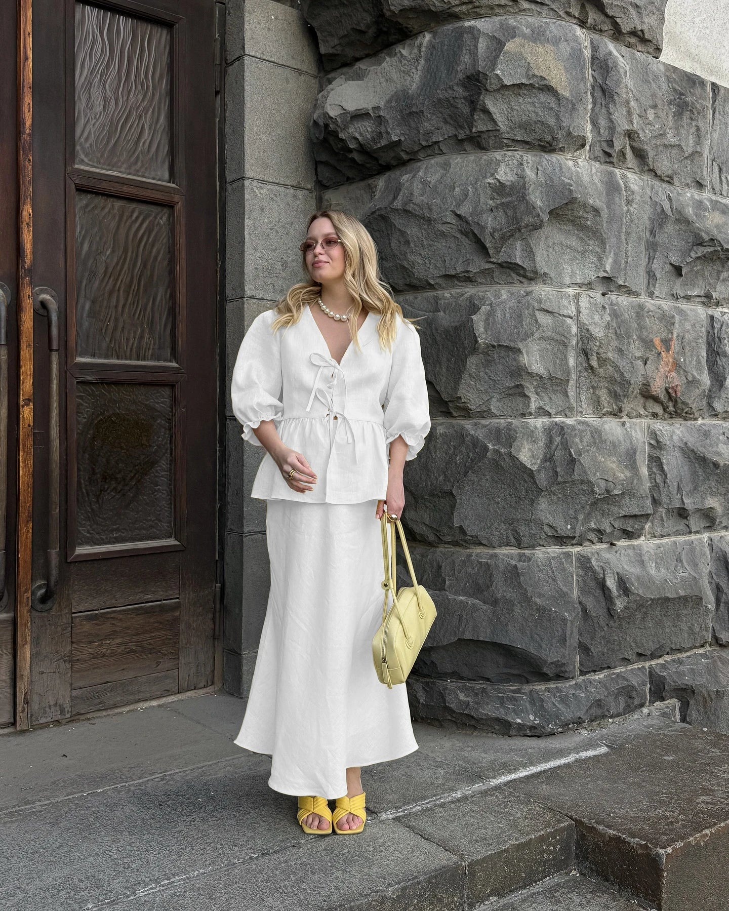 Bornladies V-Neck Lace-Up long skirt