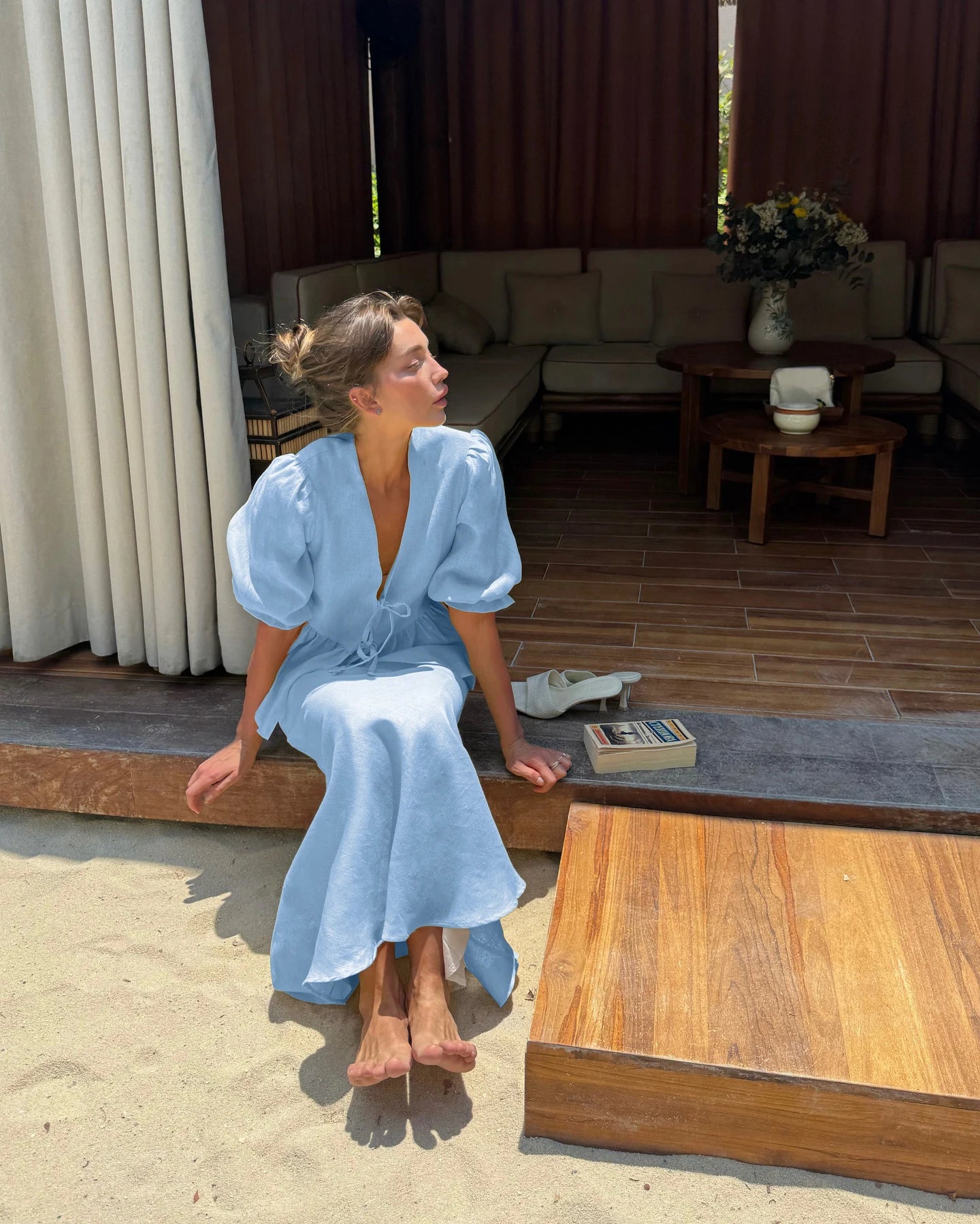 Bornladies V-Neck Lace-Up long skirt