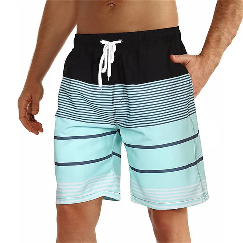 Summer Mens Swim Shorts Men 3D Print Colorful Stripe Graphic Quick Dry Swim Trunks Casual Hawaiian Shorts Daily Sport Short Pant